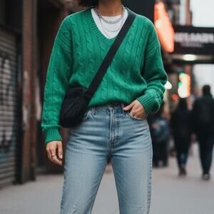 Polo Ralph Lauren 100 Cashmere Green Cable knit Sweater XS oversized